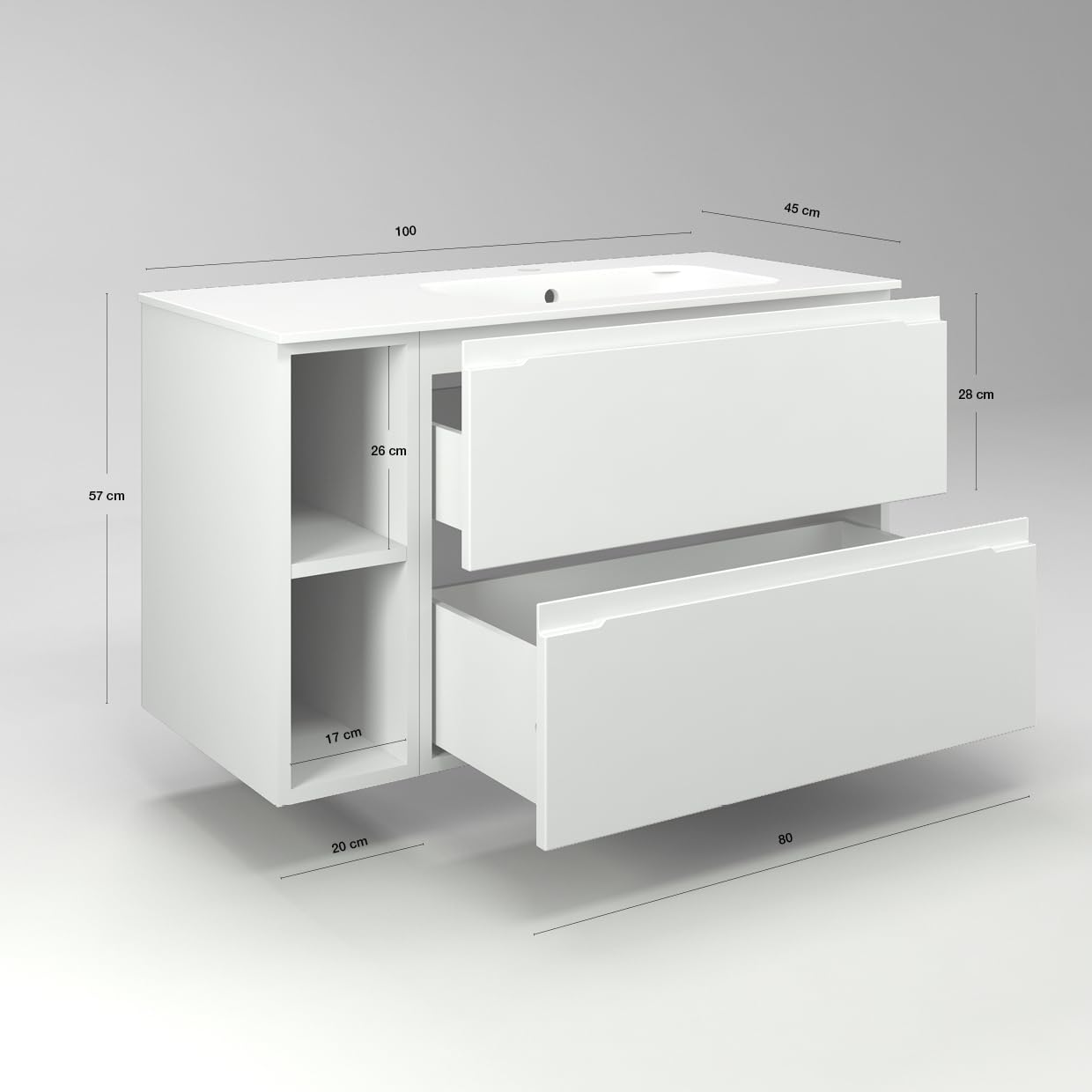 Diventa Modello Diva Star, Mobile Bagno sospeso 100cm con 2 cassetti spaziosi, 2 vani a giorno e lavabo dal design moderno, colore bianco e grigio