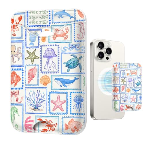 Image of Tropical Stamps Magnetic Wallet Compatible with Magsafe Wallets for iPhone 17 /16 /15 /14 /13 /12 Series Pro Max Plus CPhone Sea Animals Card Holder Fit 3 Cards for Women Lether Ocean Postcard
