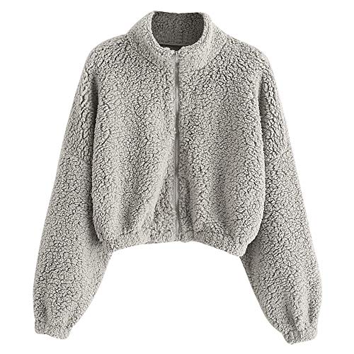 ZAFUL Women's Faux Fur Fuzzy Coat Full Zip Drop Shoulder Jacket Cropped Sweatshirts Gray L