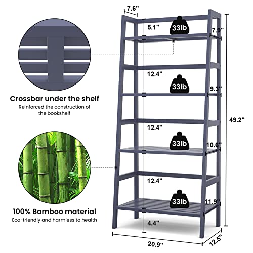Homykic Ladder Bookshelf, 4-Tier Bamboo Ladder Shelf 49.2” Open Bookcase Book Shelf Freestanding Bathroom Storage Rack Plant Stand For Living Room, Bedroom, Small Space, Easy Assembly, Blue Grey #TOP4