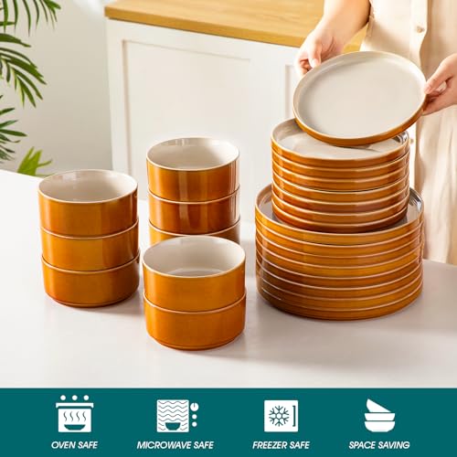 Image of vancasso ONION Ceramic Plates and Bowls Sets, 24 Pieces Grey Dinnerware Sets for Kitchen, Reactive Glaze Dishes Set for 8, Dishwasher and Microwave Safe