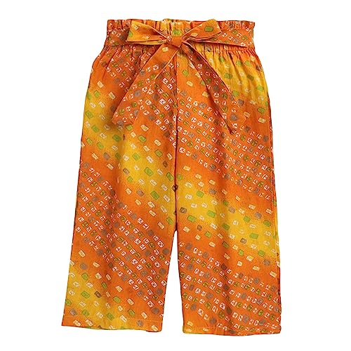 Image of Hopscotch Girls Regular Fit Cotton Bandhani Print Pant in Yellow Color