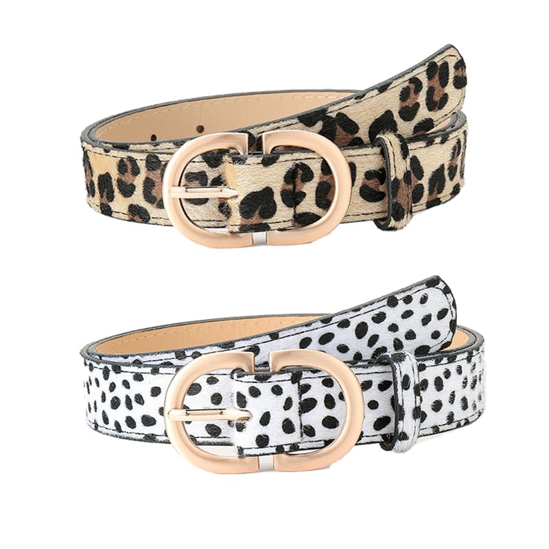 COTIM COYIN 2 Pack Women's Fashion Leather Belt with Gold Buckle, Leopard Print Design Waist Belts for Jeans Dresses Pants