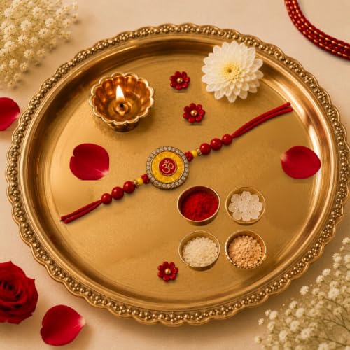 Image of EITHEO OM Rakhi for Brother with Red Beads & Crystal Border, Traditional Handmade Raksha Bandhan Rakhi, Adjustable Sacred Thread with Roli Chawal, Chandan & Mishri (Pack of 1)
