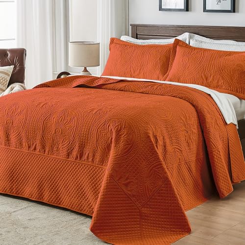 Image of Qucover Alaska King Bedspread, Extra Wide Oversized King Bedspread 132x 120, 3 Piece Soft Microfiber Lightweight Oversized King Quilts Set, Vintage Persian Pattern, Burnt Orange