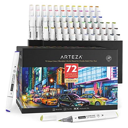 ARTEZA EverBlend - Marcadores de alcohol, juego de 72 colores, mezclables, doble punta de fieltro, puntas de cincel finas y anchas, suministros de arte para colorear, dibujar y dibujar