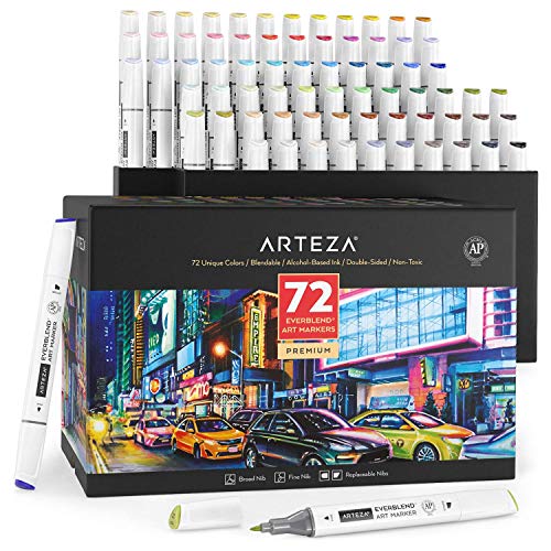 Arteza Alcohol Art Markers, Set of 72 Colors, Sketch Pens in Organizer Box, Dual Tips â€“ Fine and Broad Chisel, Art Supplies for Coloring, Sketching, and Drawing