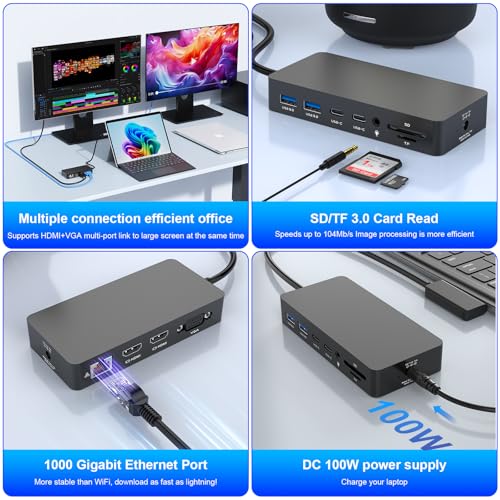 Image of for Surface Thunderbolt 4 Docking Station, 12-in-1 Triple Displays Dual HDMI+VGA Surface Pro Docking Station for Surface Pro 12 /11 /10 /9 /8 /X /7, Surface Laptop, Surface Book /Go Dock