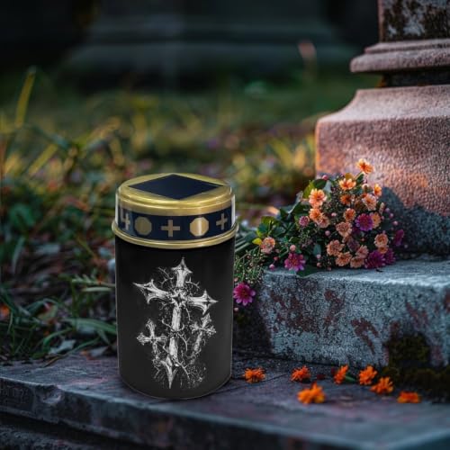Image of Poceacles Solar Powered Outdoor Lights Cemetery Solar Memorial Lights Outdoor Waterproof Landscape Candles for Yard Patio Lawn Home Decor, Cross Print Black, Set of 6