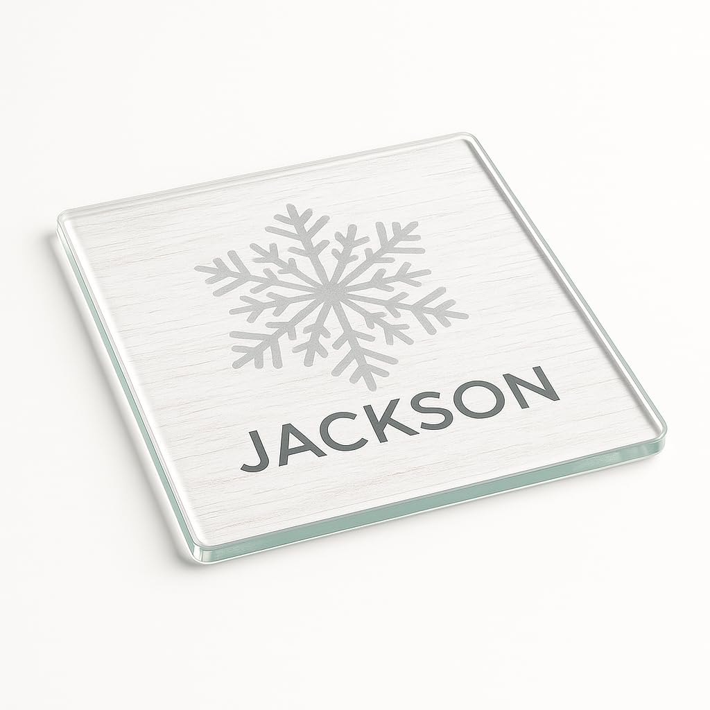 The Plum Penguin Scandi Frost Personalised Acrylic Coaster Gift For Place Setting Christmas - Snowflake Design Skandi Minimal With Elegant Text