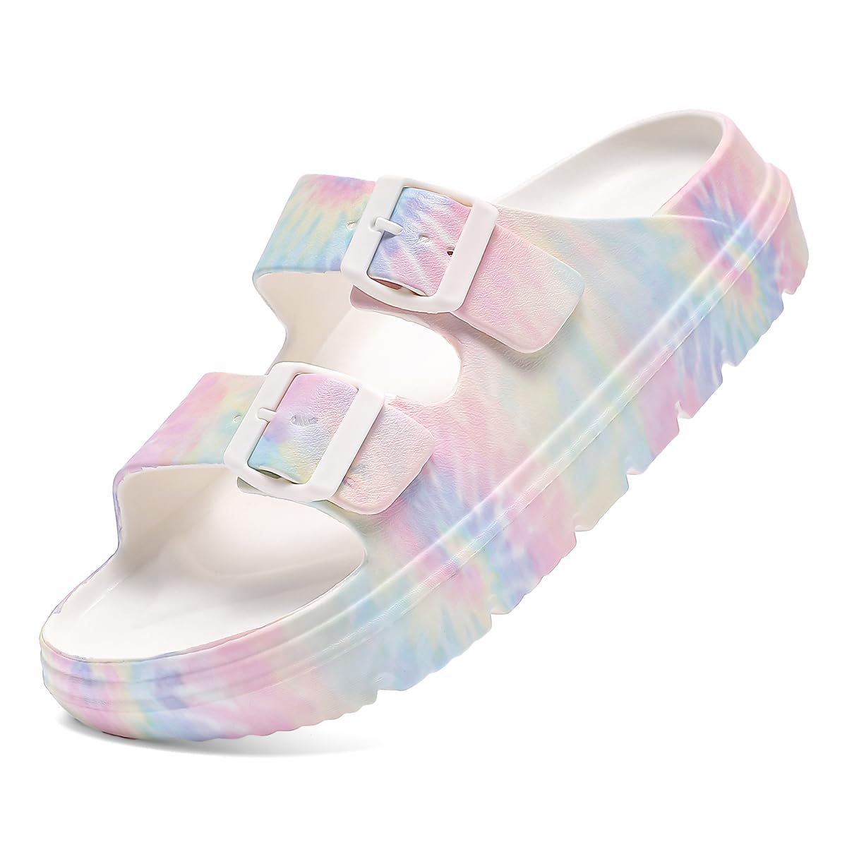 SoleEase Pillow Sandals for Women Tie-dye EVA Platform Slides with Adjustable Double Buckle and Arch Support for All-Day Comfort