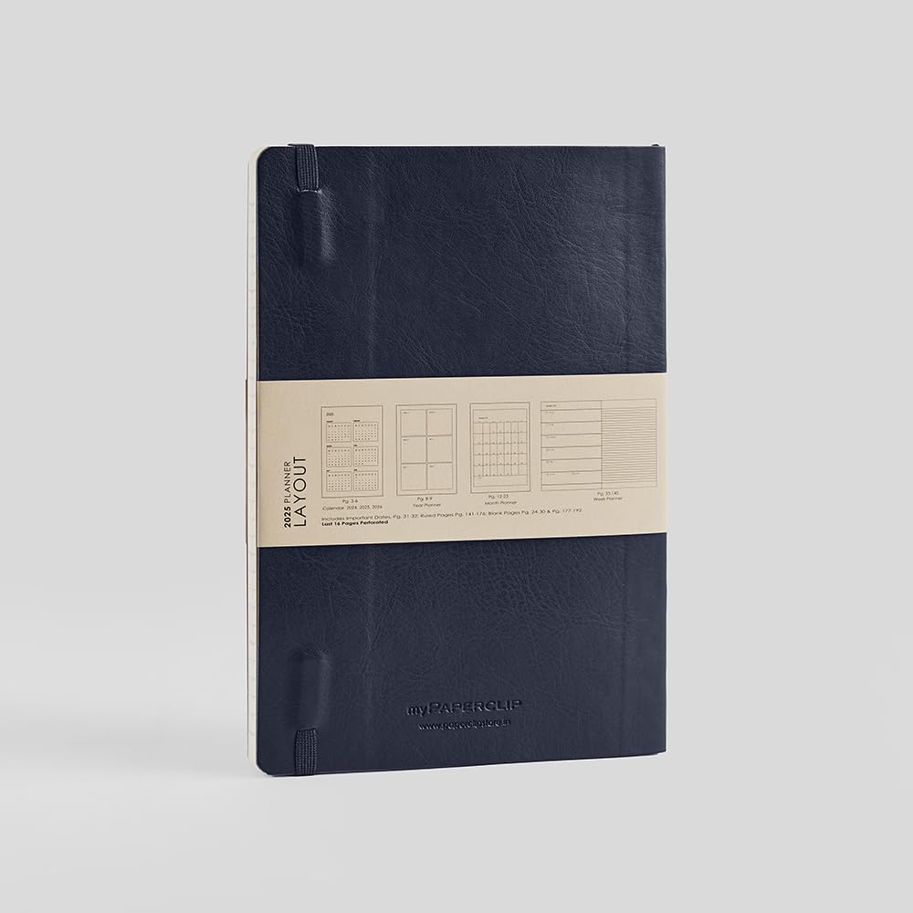 myPAPERCLIP Agenda settimanale 2025, rilegatura a filo, retro in pelle vegana disegnata a mano, formato A5 (148 x 210 mm, 14,8 x 21 cm), blu