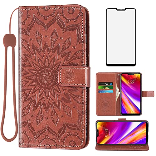 Étui LG G7 ThinQ portefeuille en cuir marron avec porte-cartes et verre trempé pour homme