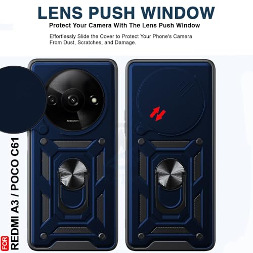 Image of AESTMO Tough Armor Redmi A3 / Poco C61 Bumper Back Case Cover | Ring Holder & Sliding Camera Shield Cover | 360 Degree Protection Back Case Cover for Redmi A3 / Poco C61 (Blue)