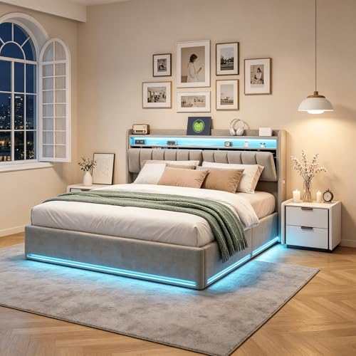 BRILVERDE Cama tapizada 160x200 cm con iluminación LED, Cama Doble con canapé, con somier y Base, Cama Juvenil (Gris-B, 160 x 200 cm)