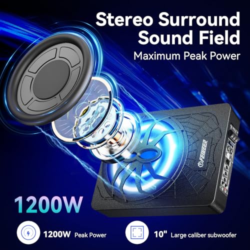 Image of Feikeer 10 inch1200W UnderSeat Subwoofer, Powered Subwoofer Car Audio with Multicolor LED Lighting, Deep Bass Enhancement.Under Seat Subwoofers with Amp for a Dynamic Driving Experience with Bass Melodies