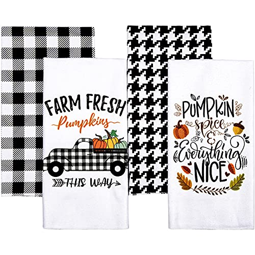 Whaline Fall Kitchen Towel White Black Buffalo Plaid Dish Towel Farm Fresh Truck Dish Towel 28 X 18 Inch Autumn Harvest Tea Towel Large Cloth Towel For Autumn Holiday Kitchen Cooking Baking, 4 Pack #TOP5