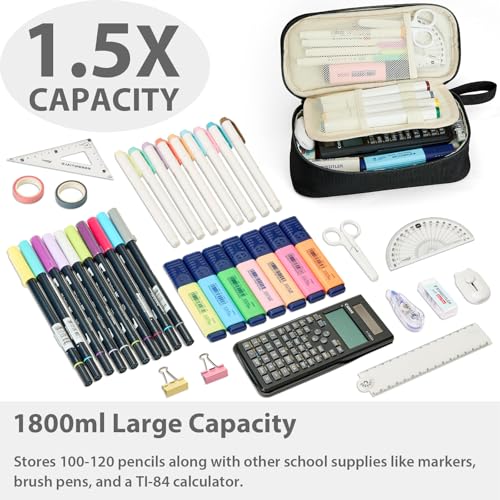 Image of SPACEMATE Pencil Case Pouch Box Bag School Supplies Girls Boys Kids, Cute Preppy Stuff Large Big Capacity Aesthetic Pen Organizer, Back to College Stationary, Coal Black, Standard Stlye, 1800ml