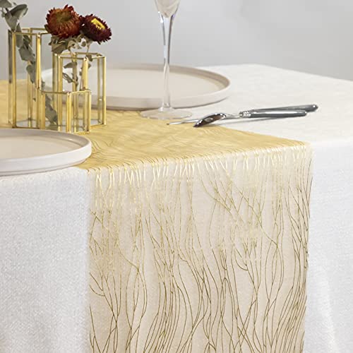 Yeahshion Chemin de table en organza rayé doré 28 cm x 15 m, décoration de table pour décoration de mariage, fête d'anniversaire, fête prénatale Cover