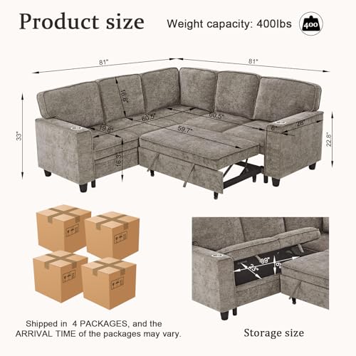 Image of KEIKI 81 inch L-Shaped Oversized Chenille Modular Sectional Sleeper Sofa with Pull-Out Bed, Storage Seat, Modern 5-Seater Upholstered Couch Bed with Charging Station, Easy Assembly, for Living Room, Brown