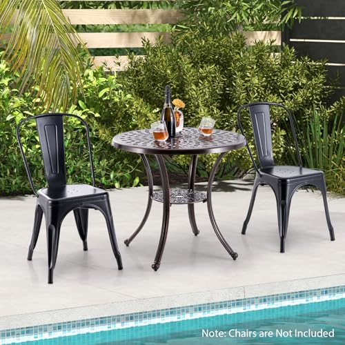 Image of Giantex 31 inch Patio Bistro Table, Cast Aluminum Outdoor Side Table with Umbrella Hole & Bottom Shelf, Appealing All-Weather Round Dining Table for Yard, Porch, Garden