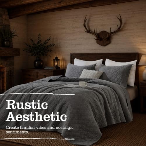 Queen Quilt Set with Shams Lightweight Quilted Bedspread Coverlet Thin Comforter Bed Cover Vintage Washed Quilted Blanket for All Season, Brushed Microfiber Diamond Stitching, Obsidian Gray, 88"x92" by DOWN HOME - Used condition - Image 2