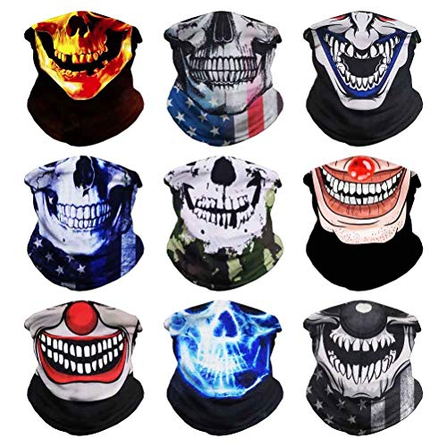 Headband Clown Face, Joker Bandanas, Multi Functional Skeleton Headwear Balaclava Scarf for Outdoor Sports Skiing Running(9PCS Skull-A)