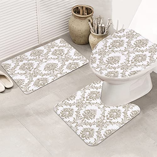 Badematte Badvorleger Set 3-TLG. Teppich, Brown-Damast-Entwurfs-Muster-modernes Rokoko-Barock-schöne Leinwand-Leinwand…