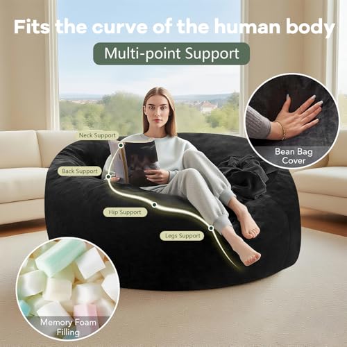 Image of 3FT Big Bean Bag Chairs for Adults,beanbag with Filler，Memory Foam Bean Bag，Super Soft Plush Bean Bag for Living Room Bedroom, Dormitory Reading Lounge Chair (Black, 3 Foot)