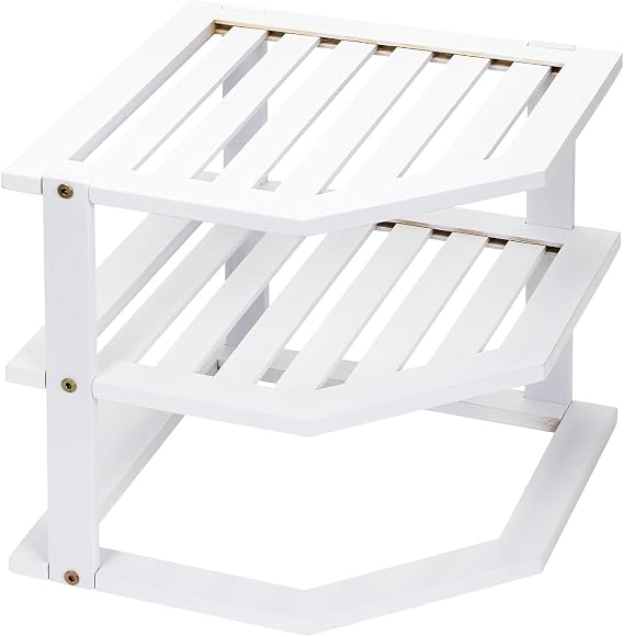 Greenfields 3 Tier Corner Shelf Cabinet Organiser - Plate Rack Countertop for Kitchen, Bathroom, Cupboard, Pantries - Shelf Insert Storage Organisation - Plate Organiser (White)