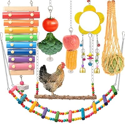 Chicken Toys for Coop 7PCS, KAKUNM Chicken Xylophone, Swing Set, Mirror Toy, Flexible Ladder, Vegetable String Bag and Hanging Feeder