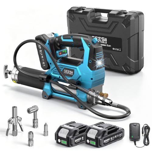 Seesii 12.000 PSI Engrasadora Batería con 2 Baterías (y Compatible con la batería Makita de 18 V), 3 Velocidades, Motor Brushless, Manguera de 1m, Acoplador de 90° y Luz LED para Equipos Pesados