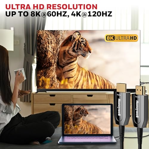 Image of Honeywell HDMI AOC 2.1 Complaint 30 Meters, Transmission Speed of 48GBPS, Supports UHD Resolution of 8K@60Hz, Male-to-Male, High-Speed Fiber Optics Cable, Compatible with TV, Gaming Console, etc.