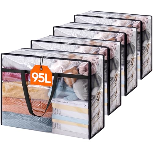 Lifewit Storage 4 Stück Transparente Plastik Aufbewahrungstasche, 95L Kleiderschrank Organizer Aufbewahrungsbox mit Deckel Kleideraufbewahrung Umzugskartons mit Verstärkter Griff
