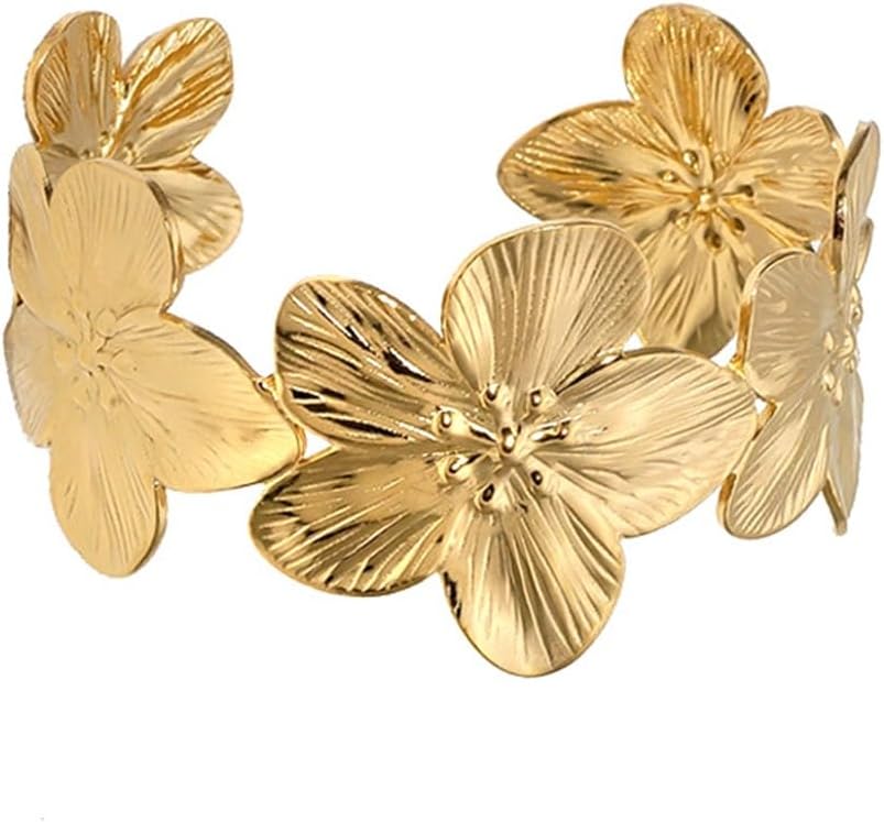 Gold Flower Cuff Bracelet Chunky Floral Open Bangle Bracelet Adjustable Wide Flower Bracelets