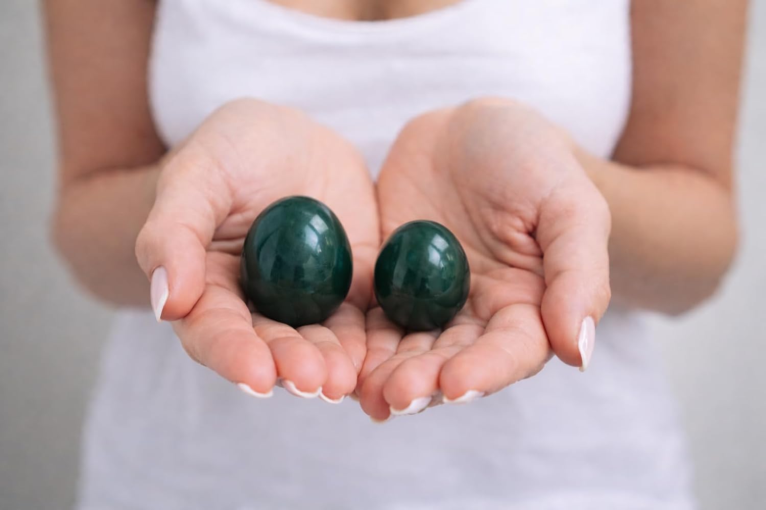 2-Piece Drilled Nephrite Jade Stone Egg Set – Medium & Large Sizes, Genuine Natural Stone, Manually Polished, Smooth Finish, for Wellness Training & Meditation, by Polar Jade