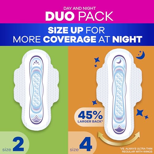 Image of Always Ultra Thin Pads Duo Pack, Feminine Pads with Wings for Women, Size 2 Long Super and 4 Overnight Absorbency, Unscented, Up to 100% Leak-Free Protection, 44 CT
