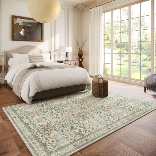 Image of Beige Blue Area Rug 5x7 - Vintage Washable Floral Rug for Living Room, Bedroom, Nursery & Entryway - Low Pile, Non-Slip, Stain Resistant, Retro Indoor Carpet