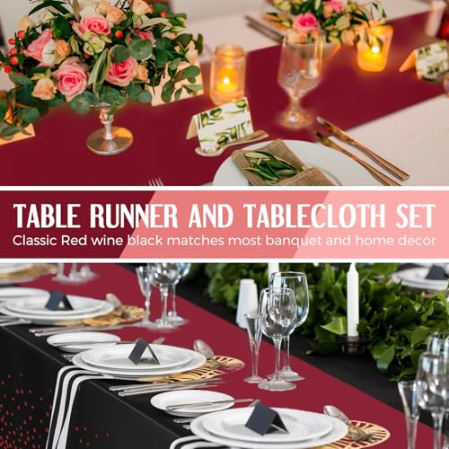 Image of Breling 8 Pack Black and Maroon Disposable Plastic Tablecloths and Satin Table Runner Set, 54 x 108 Inch Tablecloth, 12 x 108 Inch Table Runners for Wedding Graduation Birthday Baby Shower