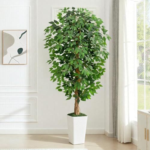 Image of 6ft Ficus Artificial Tree with 3 Natural Curved Trunks, 74 inch Tall Lush Faux Tree for Home Decor Indoor, Green Lifelike Fake Ficus Tree with White Wavy-Textured Planter Pot