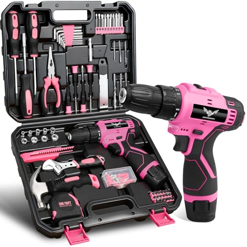 Image of JENABOM Pink Tool Set - 12V Cordless Drill Kit, 151 Piece Box With Hand Drill, Home Tool Kits for Men & Women, Perfect for Homeowner, Diyer, Handyman