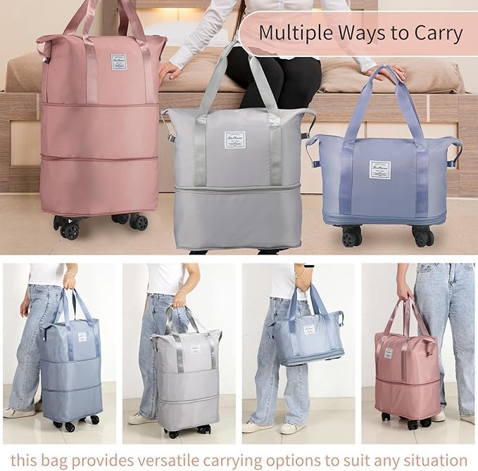 Image of TEKCOOL Duffel Trolley Bags for Travel,Luggage Bags for Travel,Rolling Duffle Bag with Wheels,Travel Bags for Luggage Trolley,Expandable Foldable Duffle Bag with Wheels - Pink'