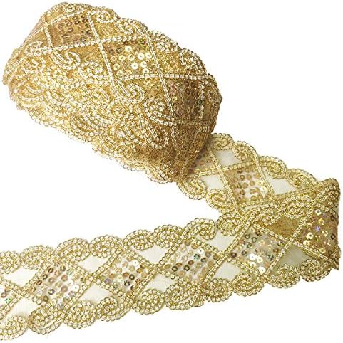 levylisa 10 Yards Beaded Lace Trim Sequins Lace Mesh Trim Lace Ribbon Applique Sewing Craft Supplies (Gold)