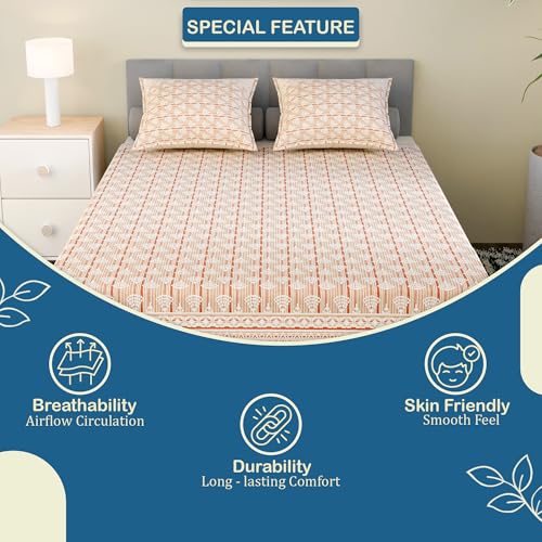 Image of Kuber Industries Cotton 160 TC Double Bedsheet With 2 Pillow Covers | Machine Washable Soft Bedsheet For Living Room, Home & Hotels | Triangle Border Heritage Print - Orange
