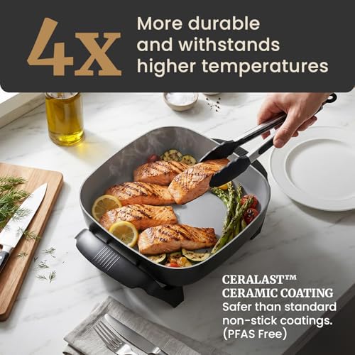 Image of Elite Gourmet PFAS-Free Ceramic Electric Skillet, Extra Deep 12 inchx12 inchx3 inch, Less Splatter, Dishwasher Safe, Rapid Heat, EG2313, 1200W, Black