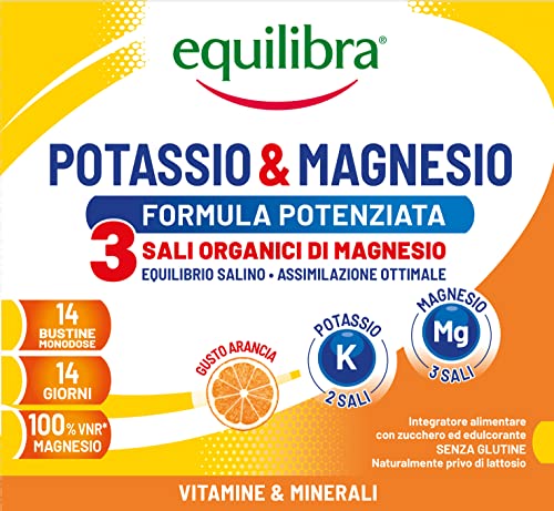 Equilibra Integratori Alimentari, Potassio e Magnesio 3 Formula Potenziata, Integratore Magnesio e Potassio per Reintegro Sali Minerali, Gusto Arancia, Senza Glutine e Senza Lattosio, 14 Bustine