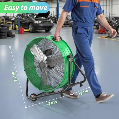 Image of LifePlus 24 Inch Industrial Drum Fan High Velocity Floor Shop Fan 3 Speed, Heavy Duty Metal Air Circulator with Adjustable Tilt & Large Wheel for Warehouse, Garage, Factory, Patio, Barn, Green