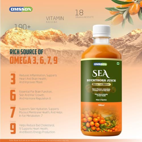 Image of Sea Buckthorn Juice, with Vitamin C, Omega 3-6-7-9 Fatty Acids & Antioxidants, Immunity & Gut Health Support, 500ml (Pack of 1)