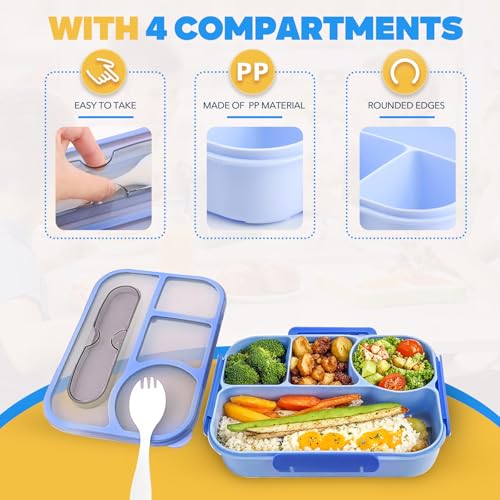 Image of EASYFUN Bento Box Adult, Lunch Box, 4-Compartment Lunch Containers, Drop-Proof, Dishwasher Safe & Made with BPA-Free Materials (Blue)