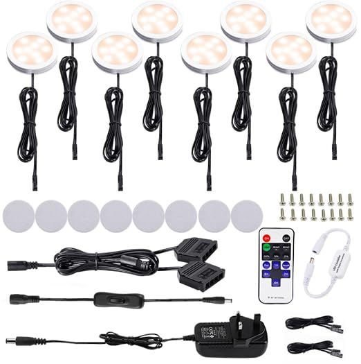 AIBOODimmable Under Counter Lights Kitchen with Remote,Ultra-Thin 240V LED Cabinet Lights,16W Cupboard Lights，8 Lights,Warm White